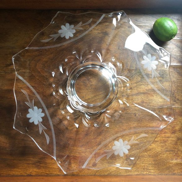 Vintage Pressed  Glass Cake Plate Stand -  Footed Etched Floral Octagon - Picture 1 of 8